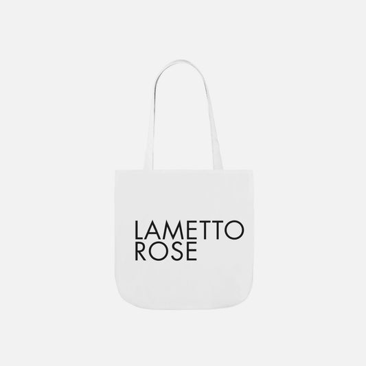White tote bag with 'LAMETTO ROSE' text on a white background