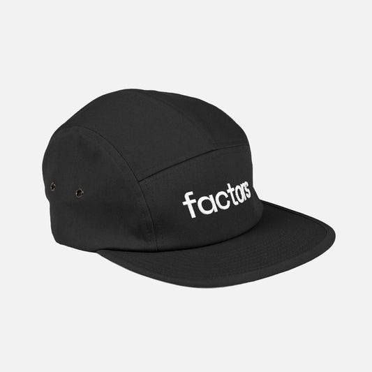 Black cap with 'factors' logo on a white background