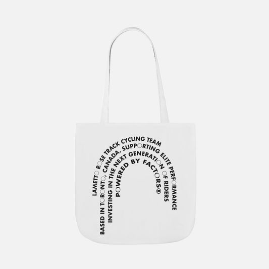 White tote bag with black text on a white background