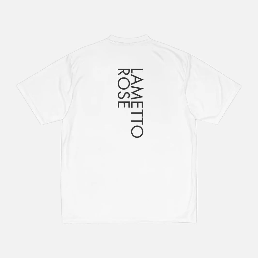 White t-shirt with 'LAMETTO ROSE' text on a white background