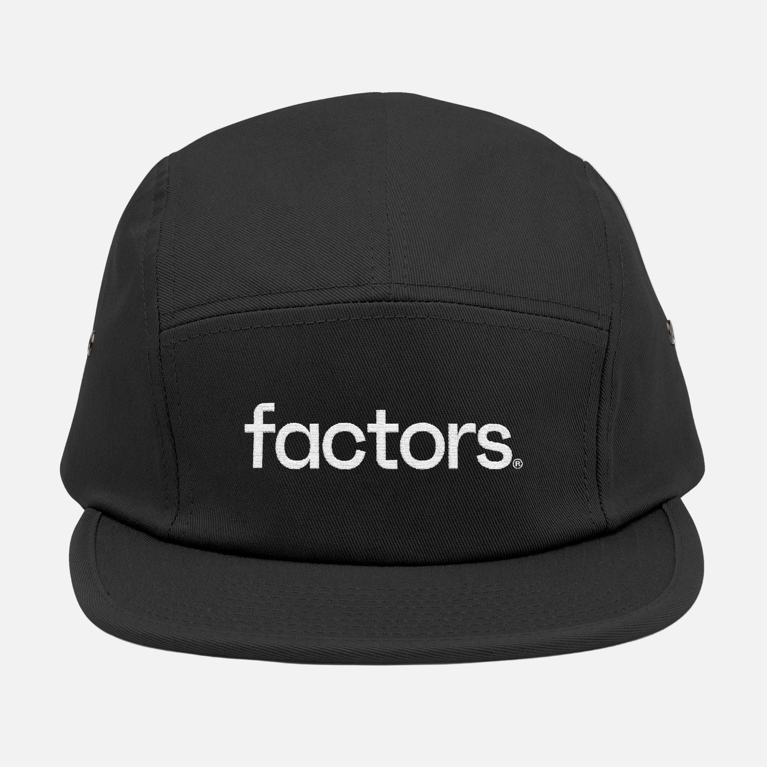 Black cap with 'factors' logo on a white background