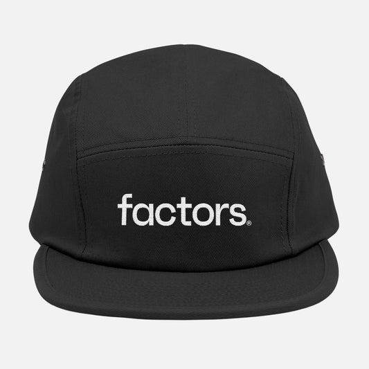 Black cap with 'factors' logo on a white background