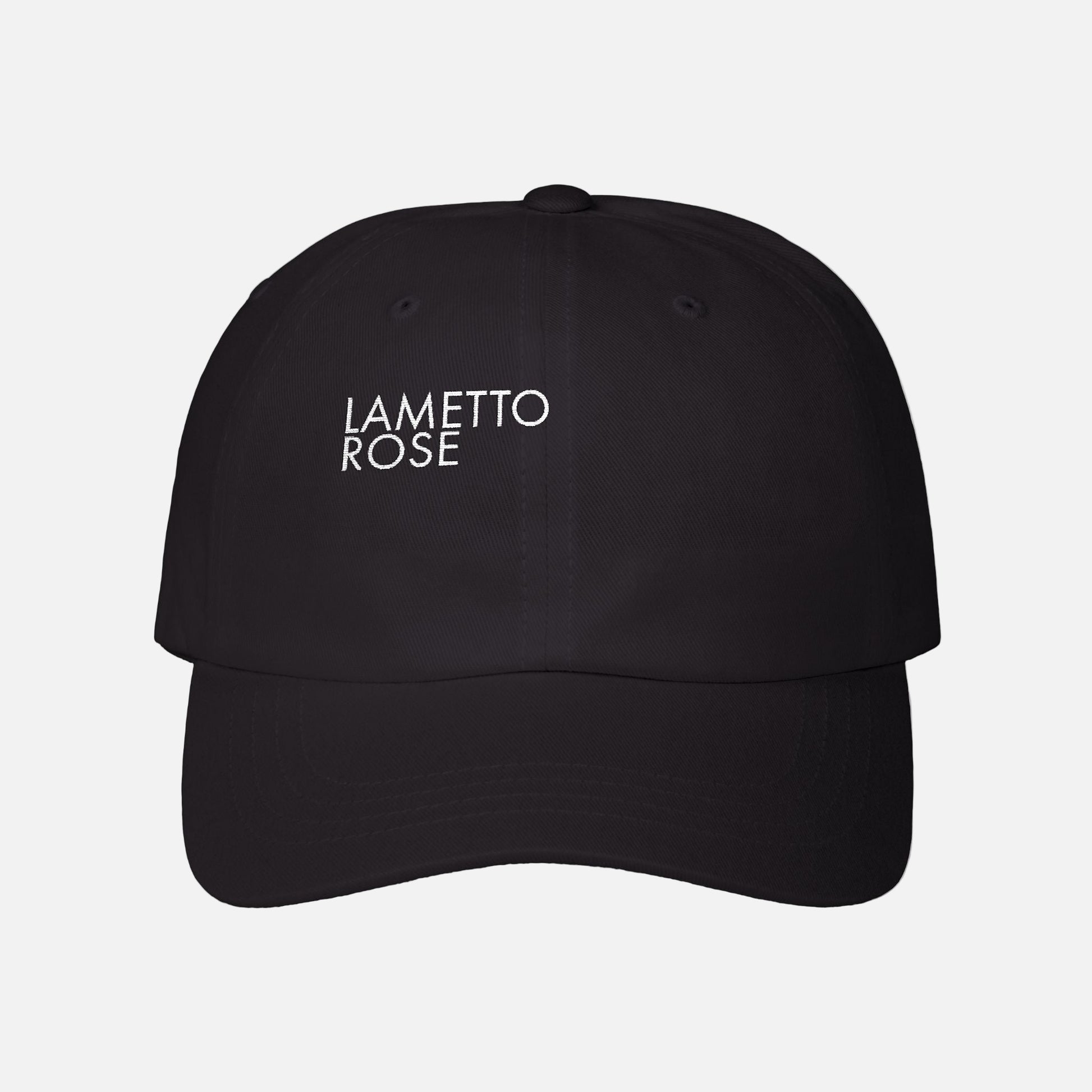 Black cap with 'LAMETTO ROSE' text on a white background
