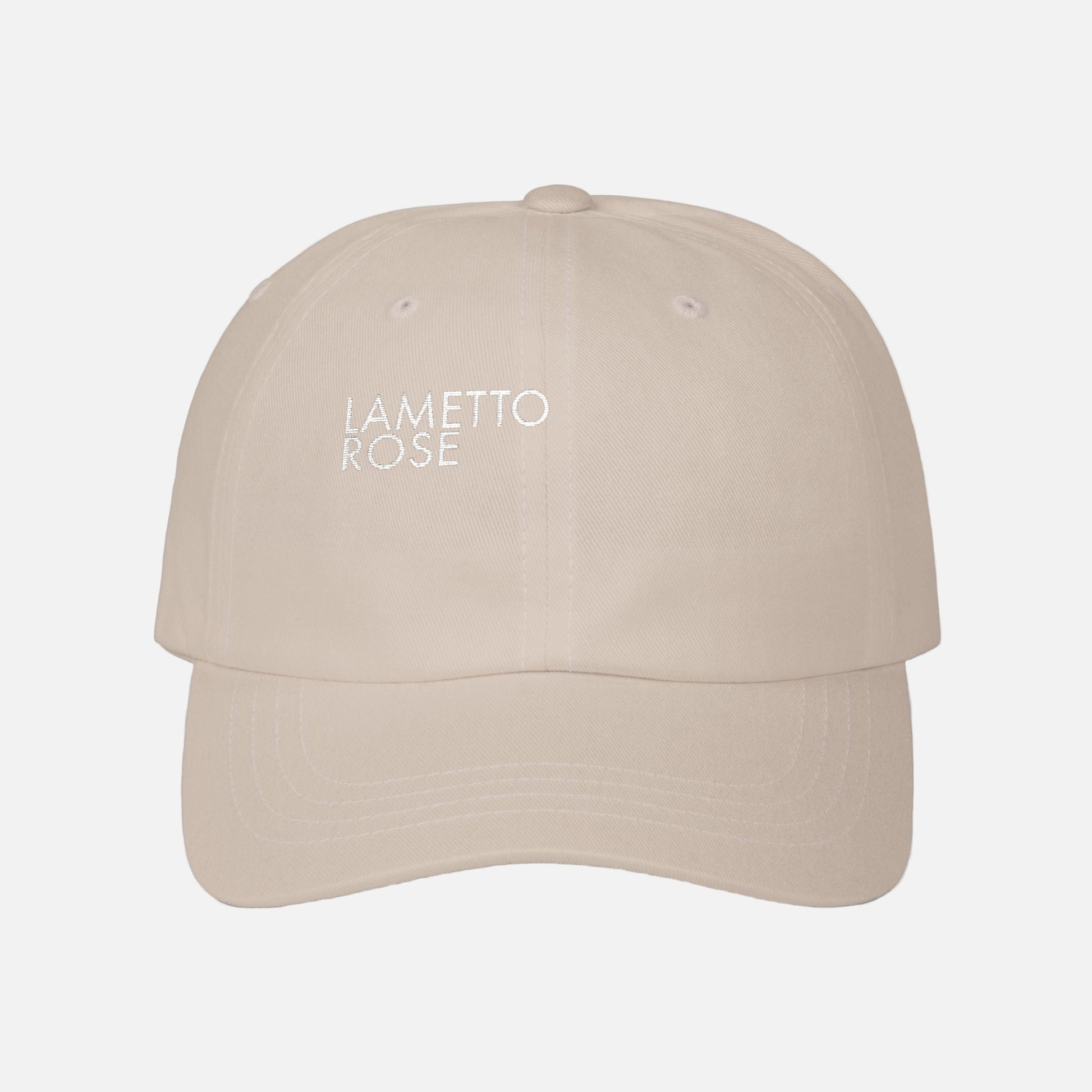 Beige cap with 'LAMETTO ROSE' text on a white background
