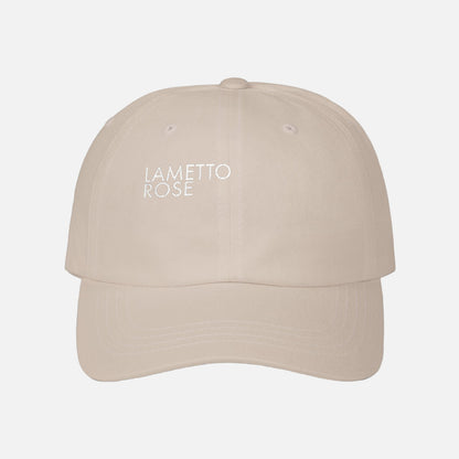 Beige cap with 'LAMETTO ROSE' text on a white background